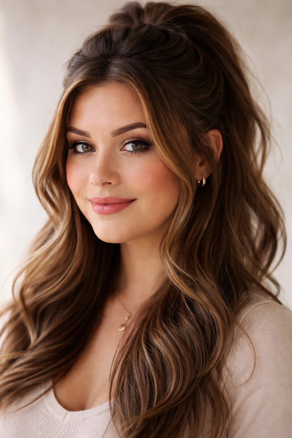 Portrait of a person with half-up hairstyle showing lifted crown and loose waves
