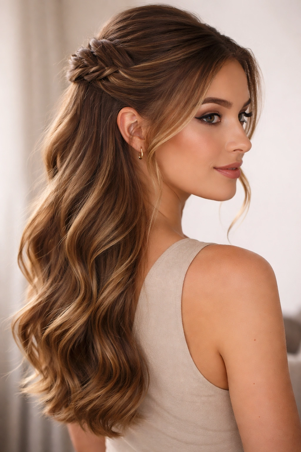 Half-up hairstyle with defined texture and a gathered top section.