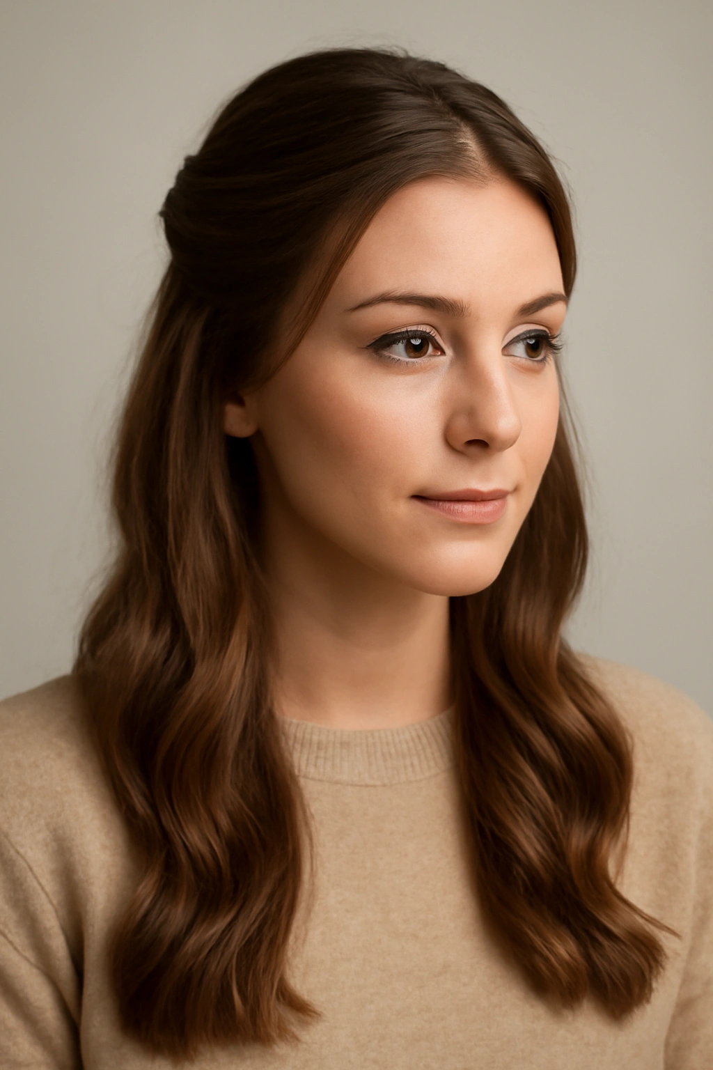 Close-up of a polished half-up hairstyle on a model with a neatly secured top section and flowing waves, studio lighting.