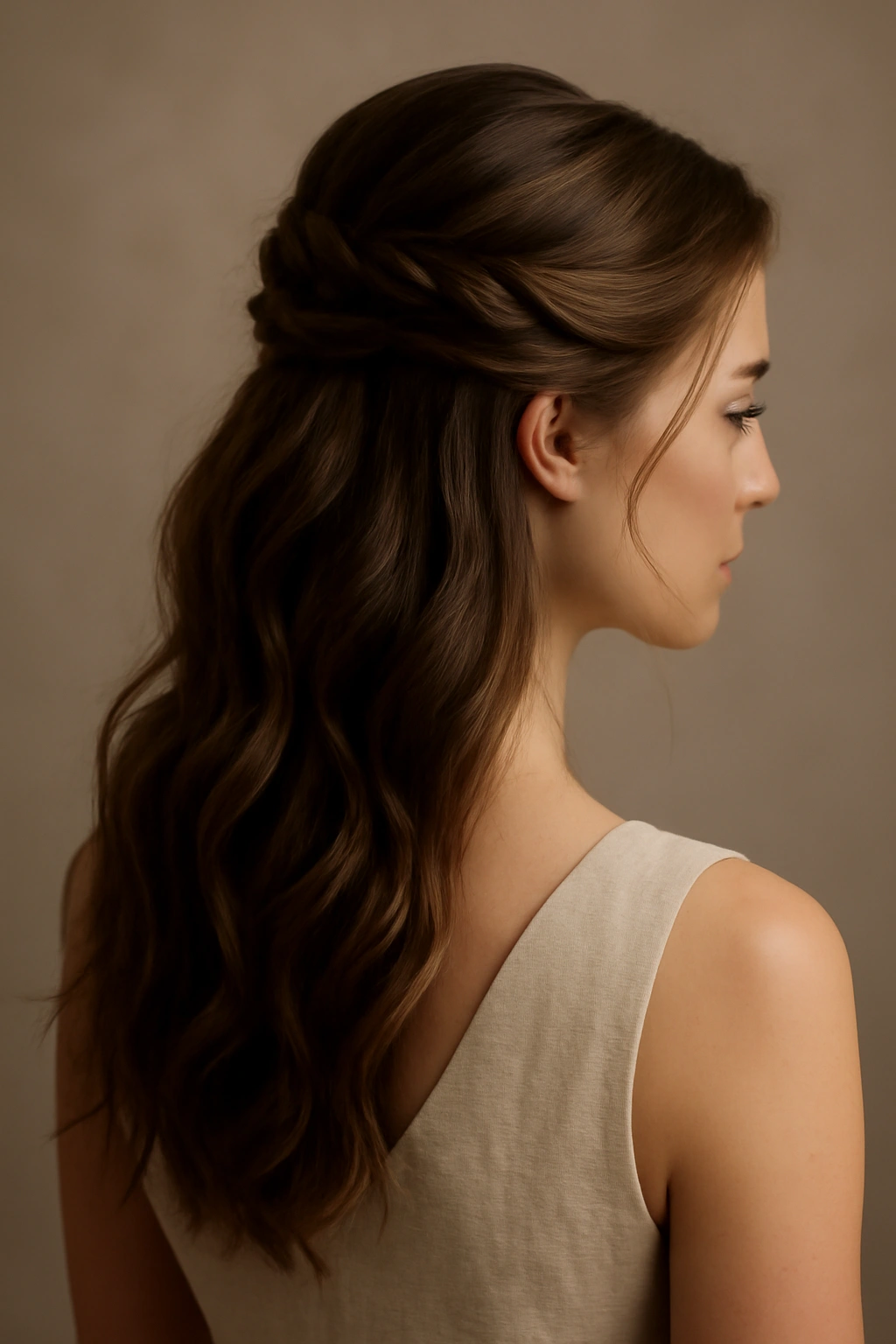 Half-up hairstyle with gathered crown and flowing waves