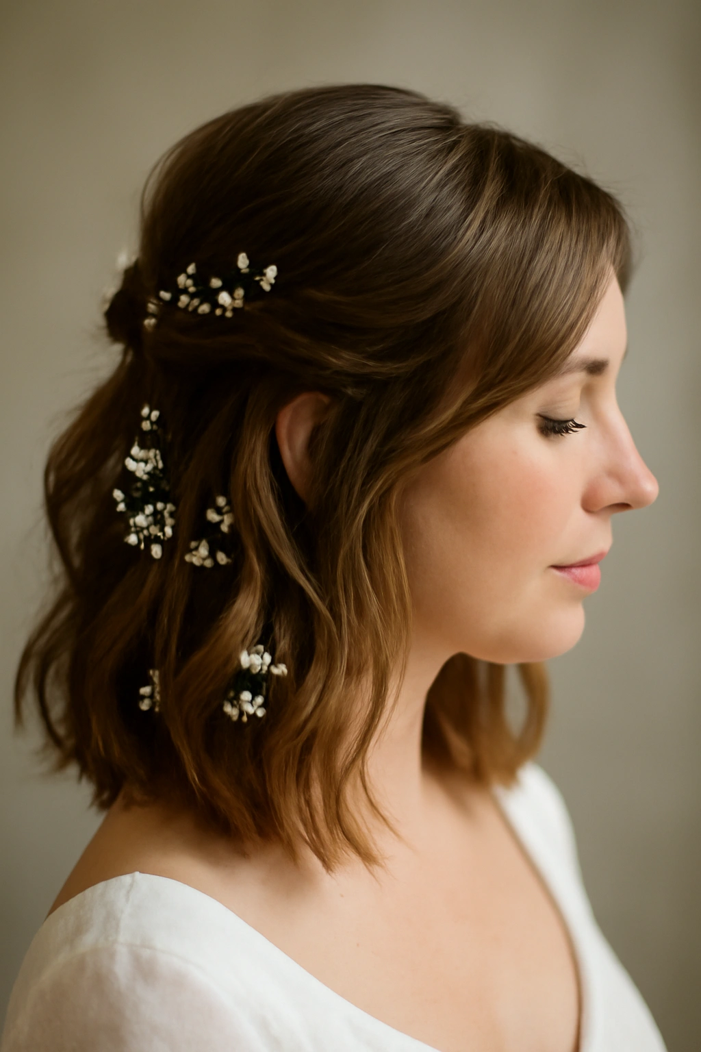 Bride with half-up half-down hairstyle adorned with baby's breath