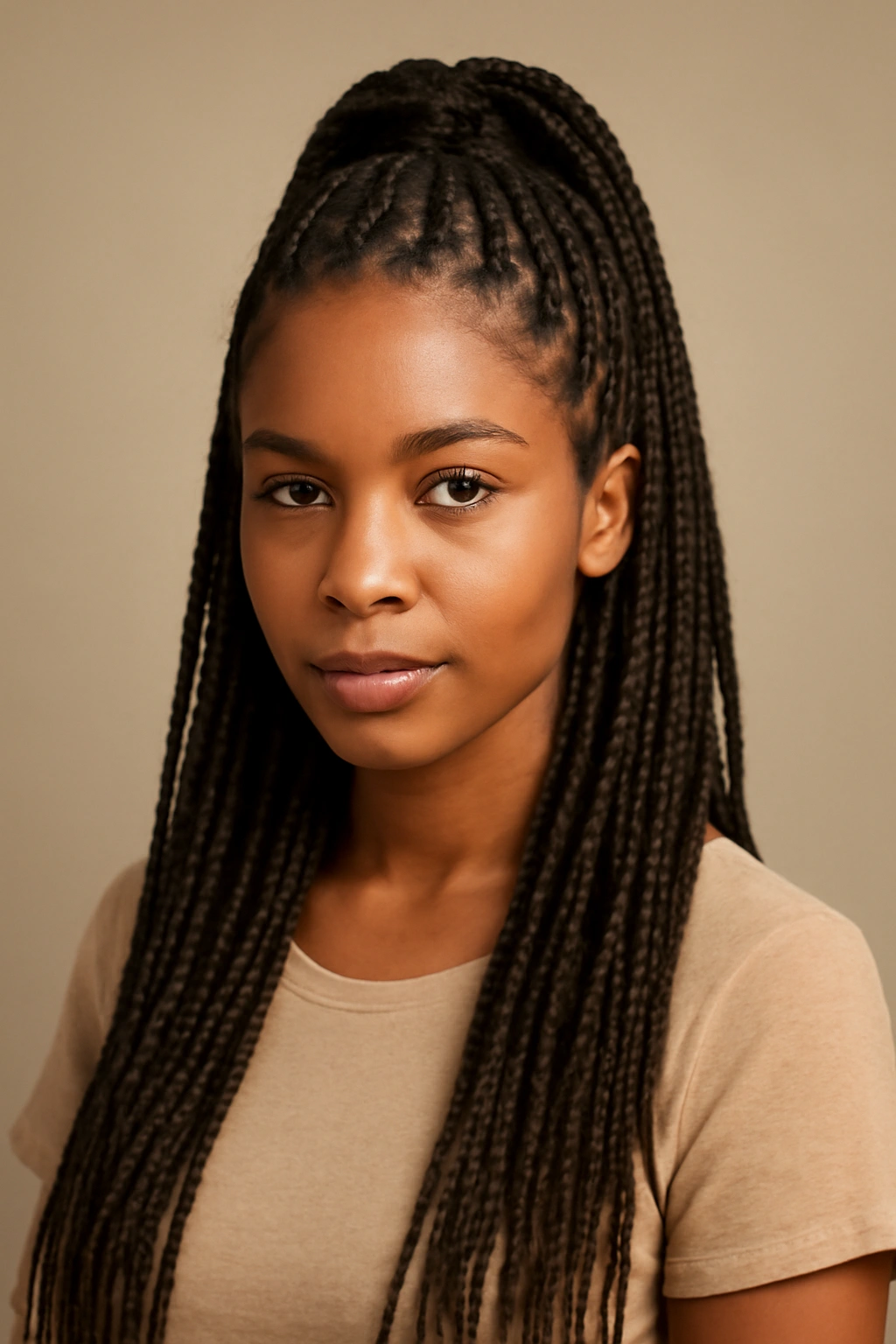 Half-up half-down box braids with top section up and rest down