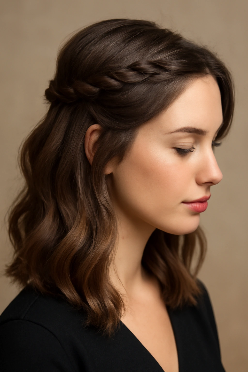 Half-up half-down hairstyle with temple twists and flowing waves.