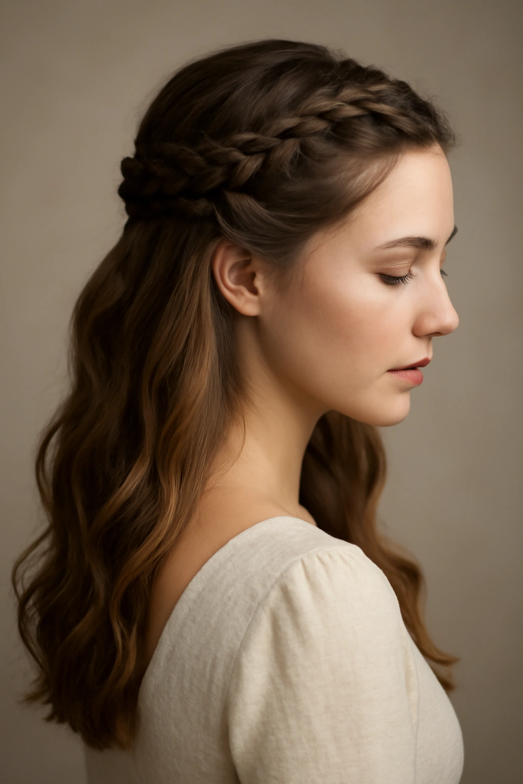 Half-up half-down hairstyle with face-framing braids and flowing waves