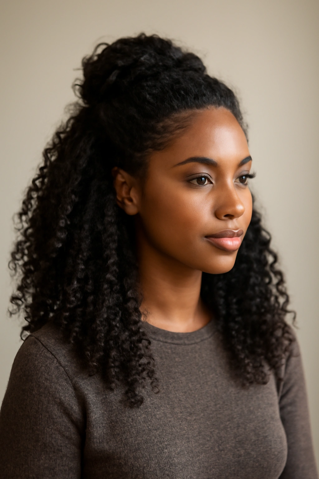 Half-up, half-down hairstyle with defined curls cascading down
