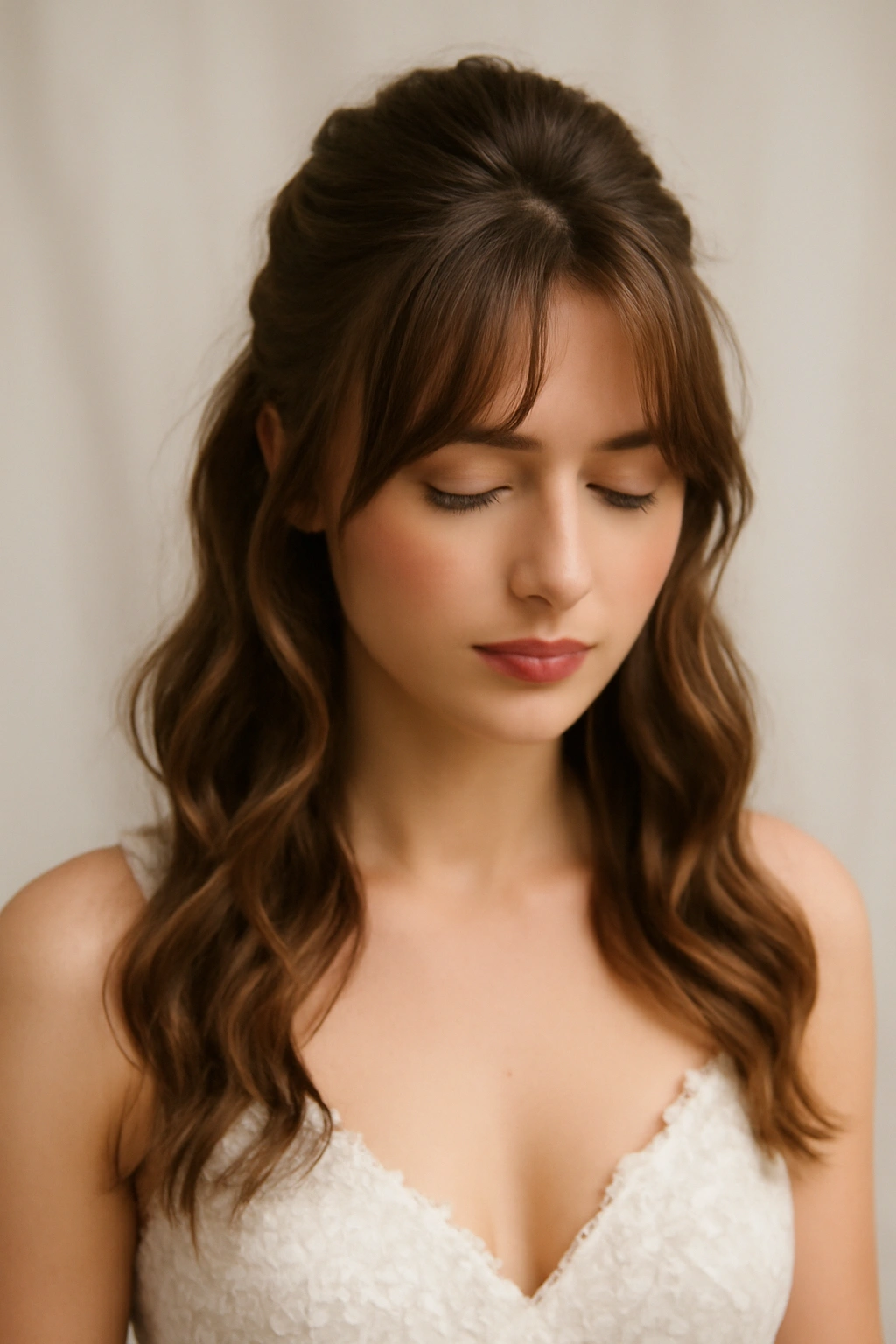 Half-up half-down bridal hairstyle with curtain bangs and flowing waves
