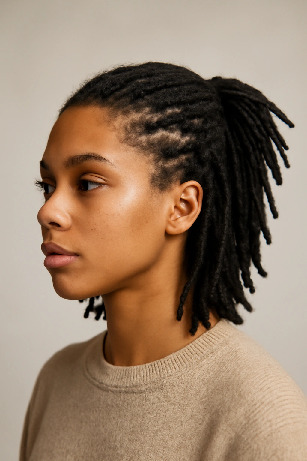 Half-up half-down hairstyle on short dreadlocks with top section tied back.