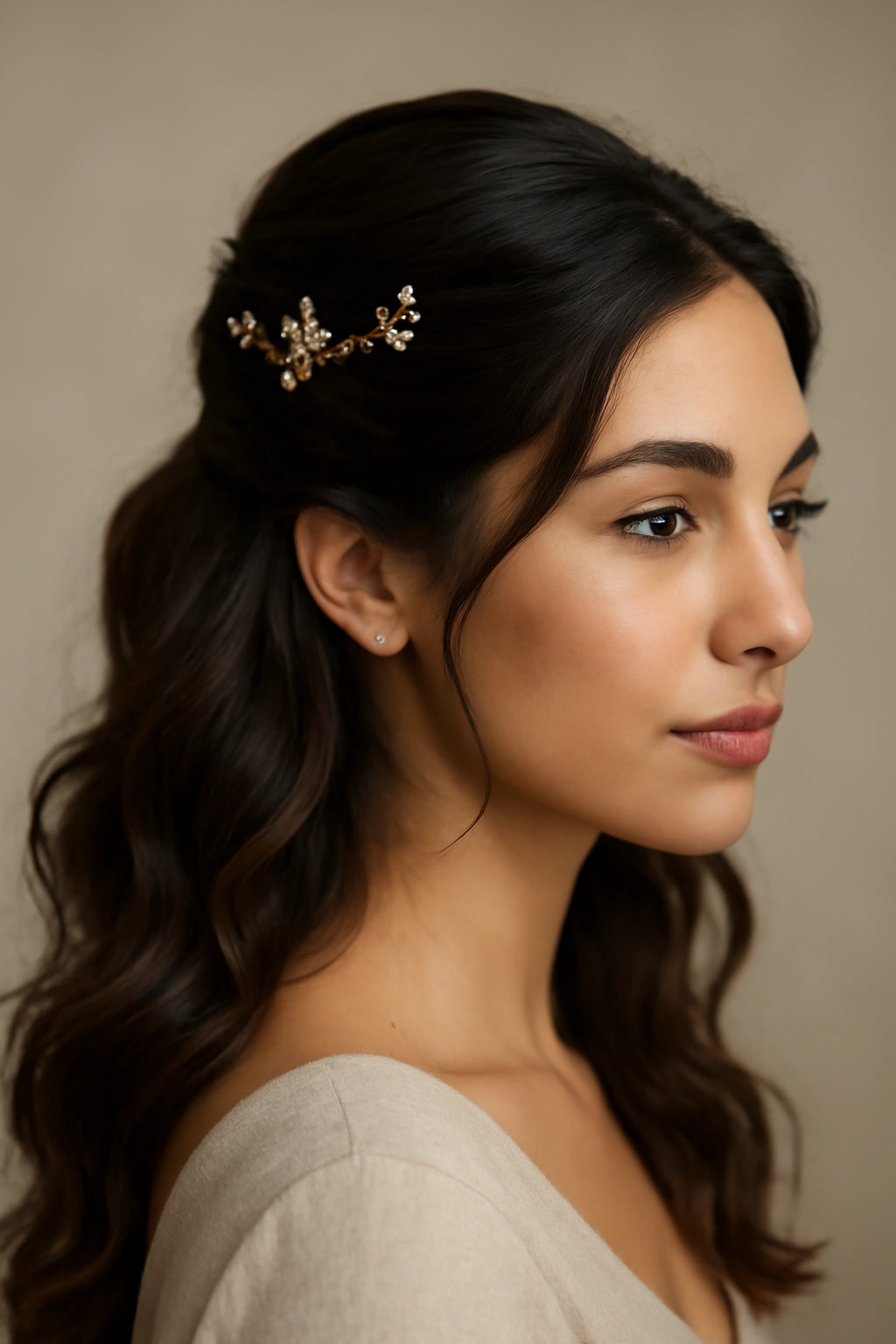 Close-up of half-up half-down hairstyle with gold clips and jeweled pins