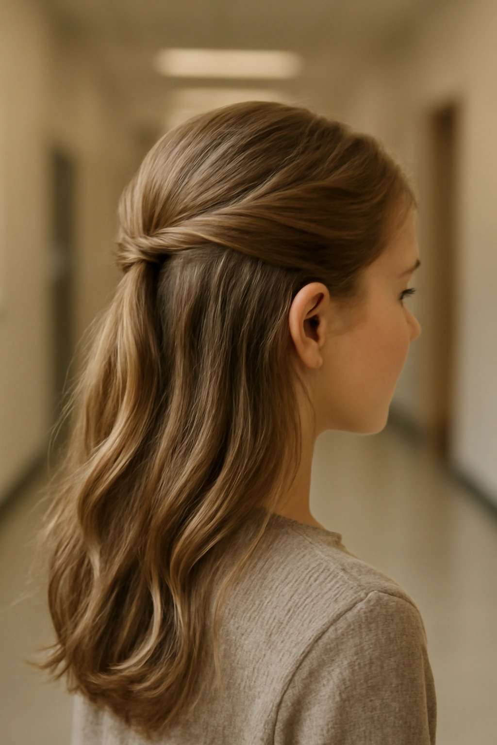 Half-up half-down hairstyle on a young girl with twist at the back