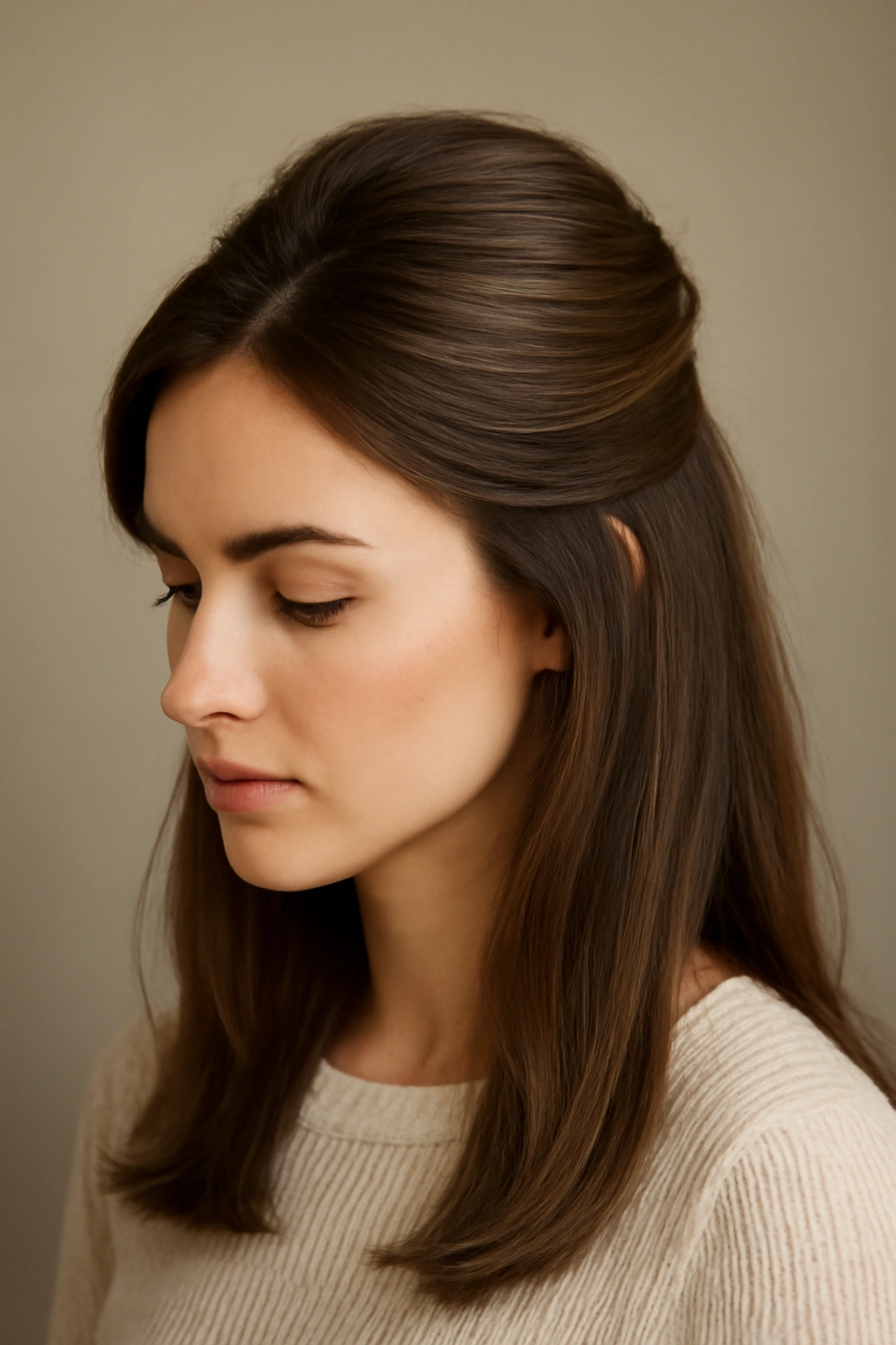 Half-up half-down hairstyle with pinned crown and loose hair beneath.
