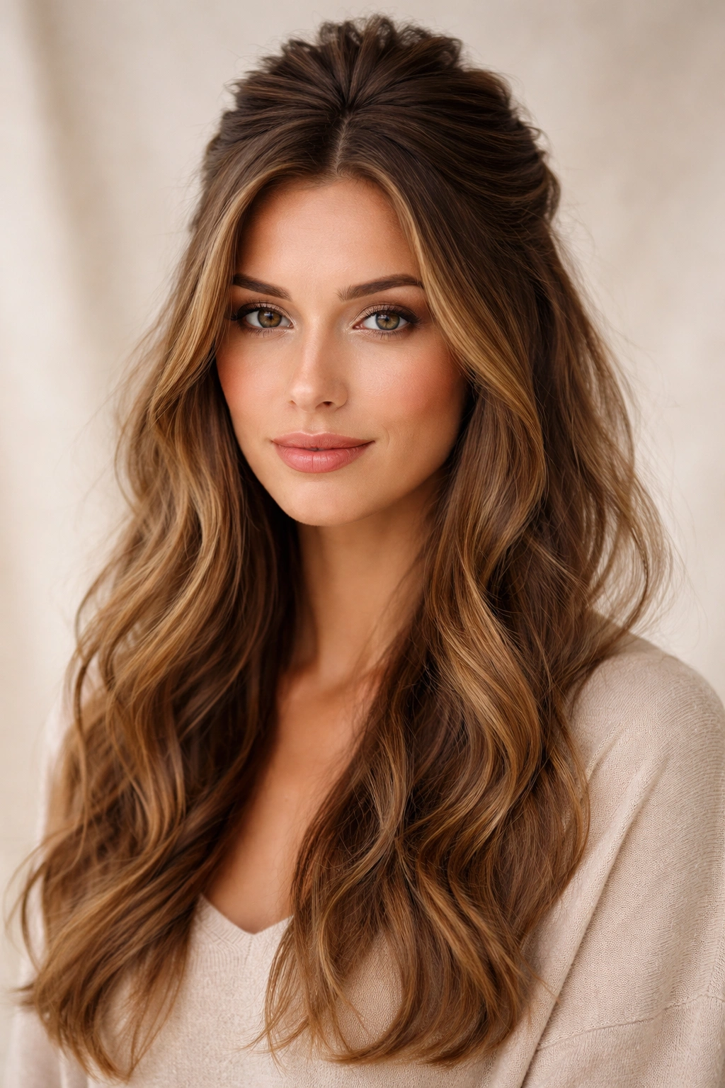 Half-up half-down hairstyle with crown gathered and face-framing strands