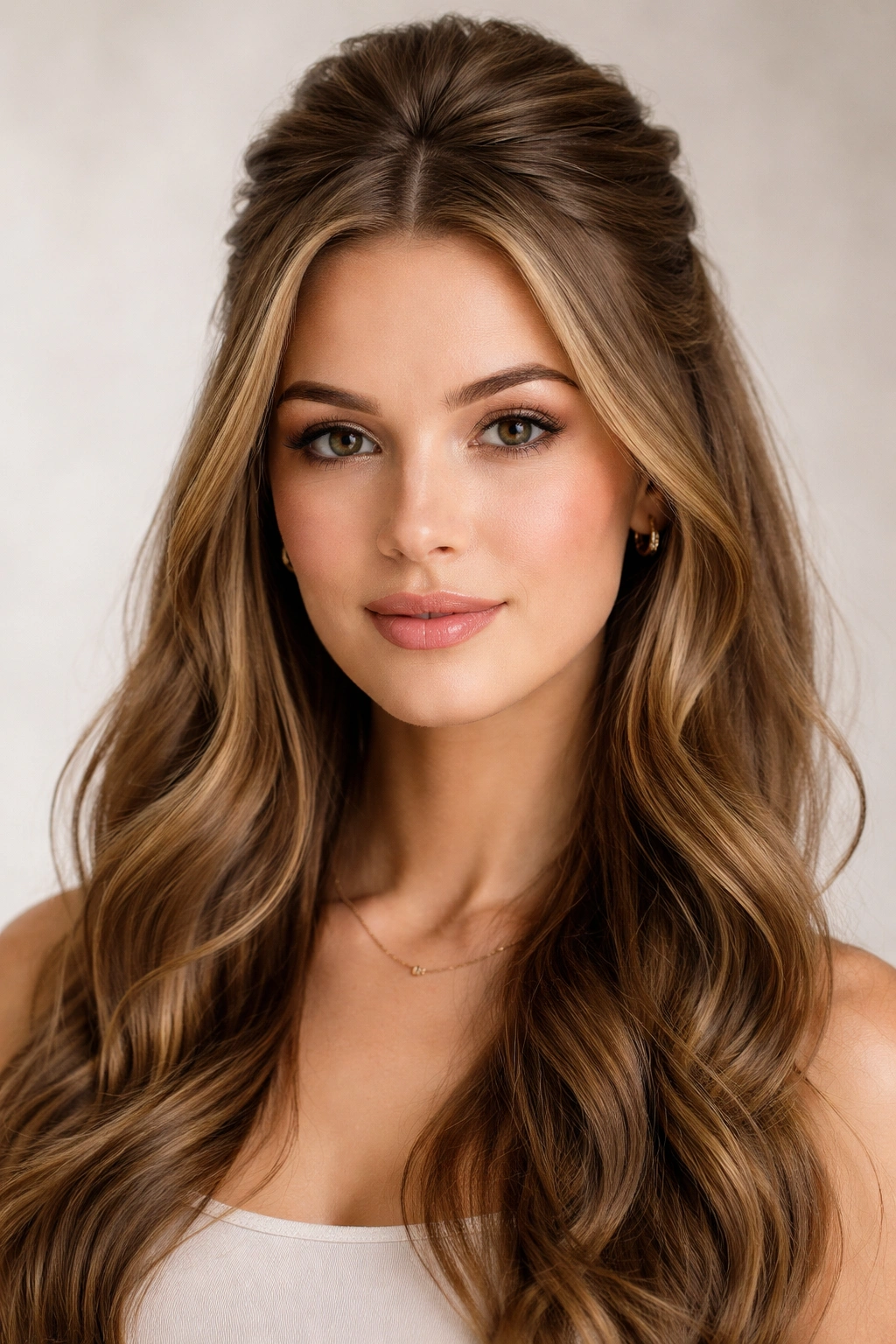 Close-up of half-up half-down hairstyle showing crown volume and flowing waves.