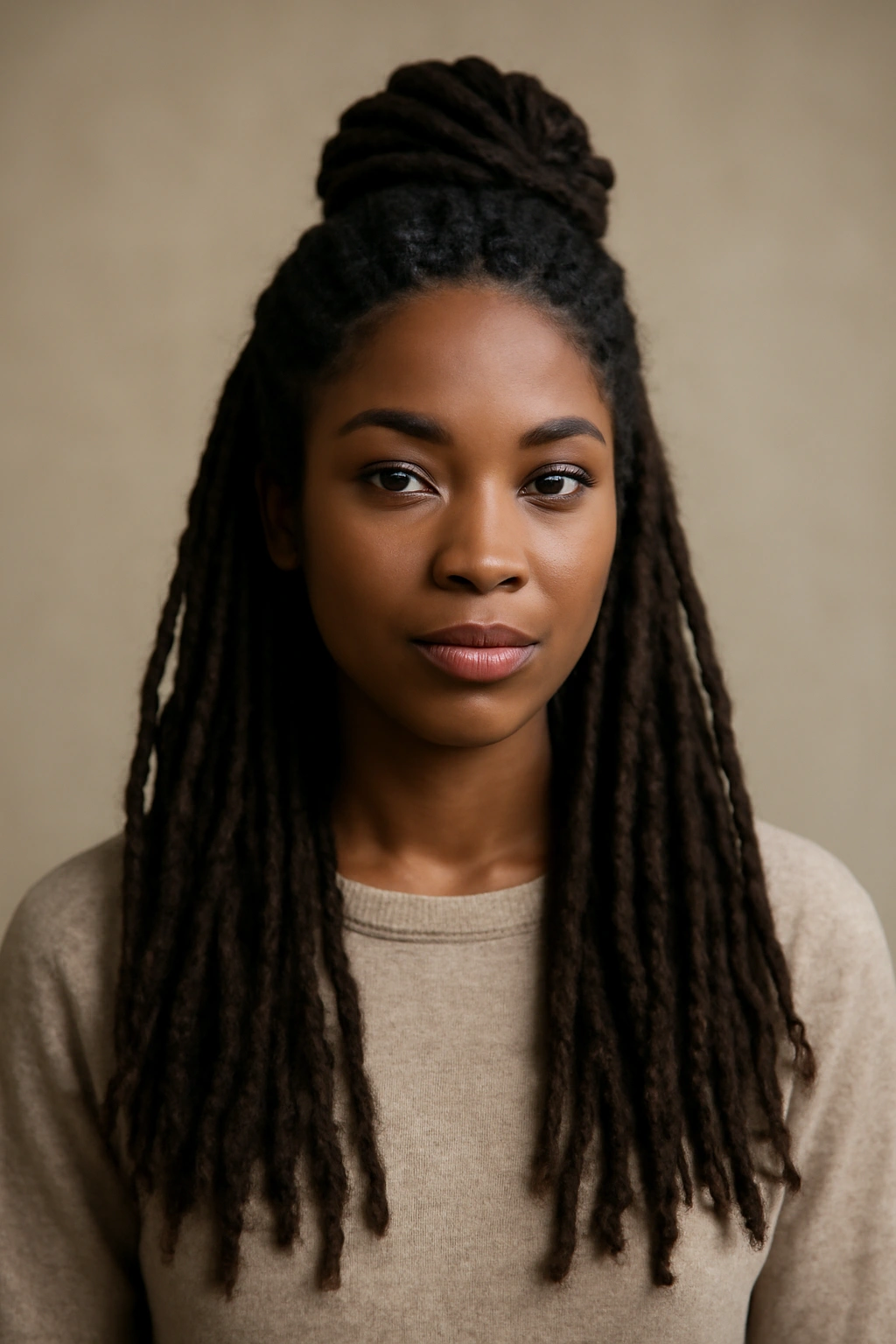 Half-up half-down locs with top section secured, remaining hair down