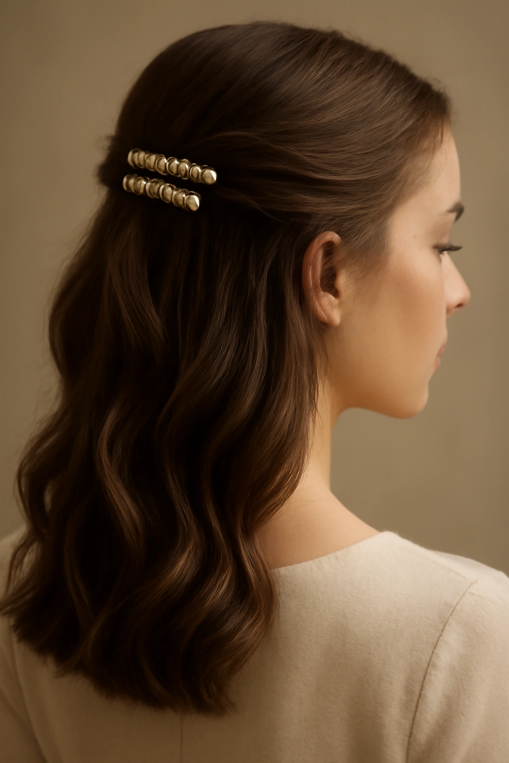 Half-up half-down hairstyle with pearl clips