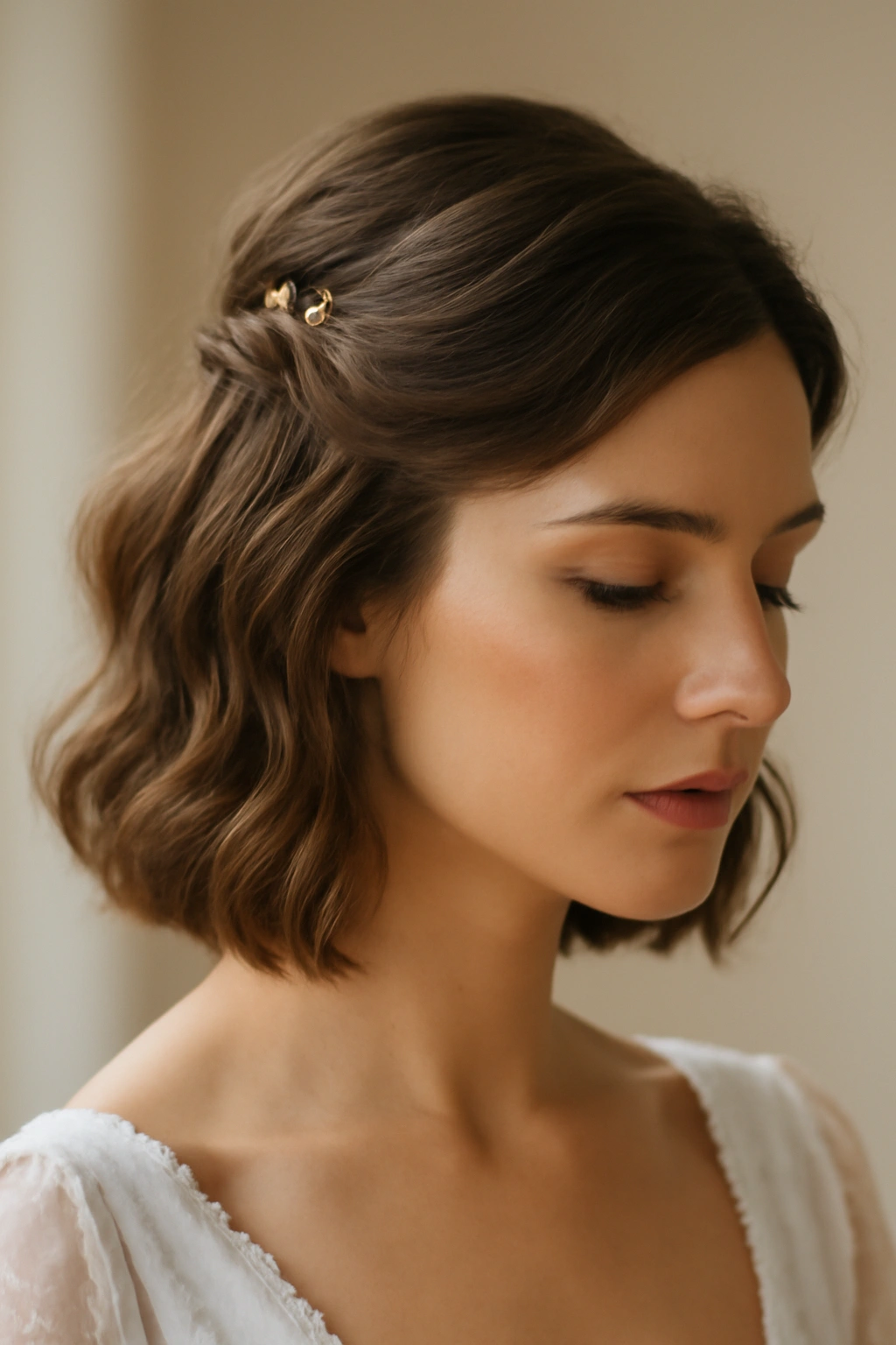 Romantic half-up half-down bridal hairstyle with pearl pins