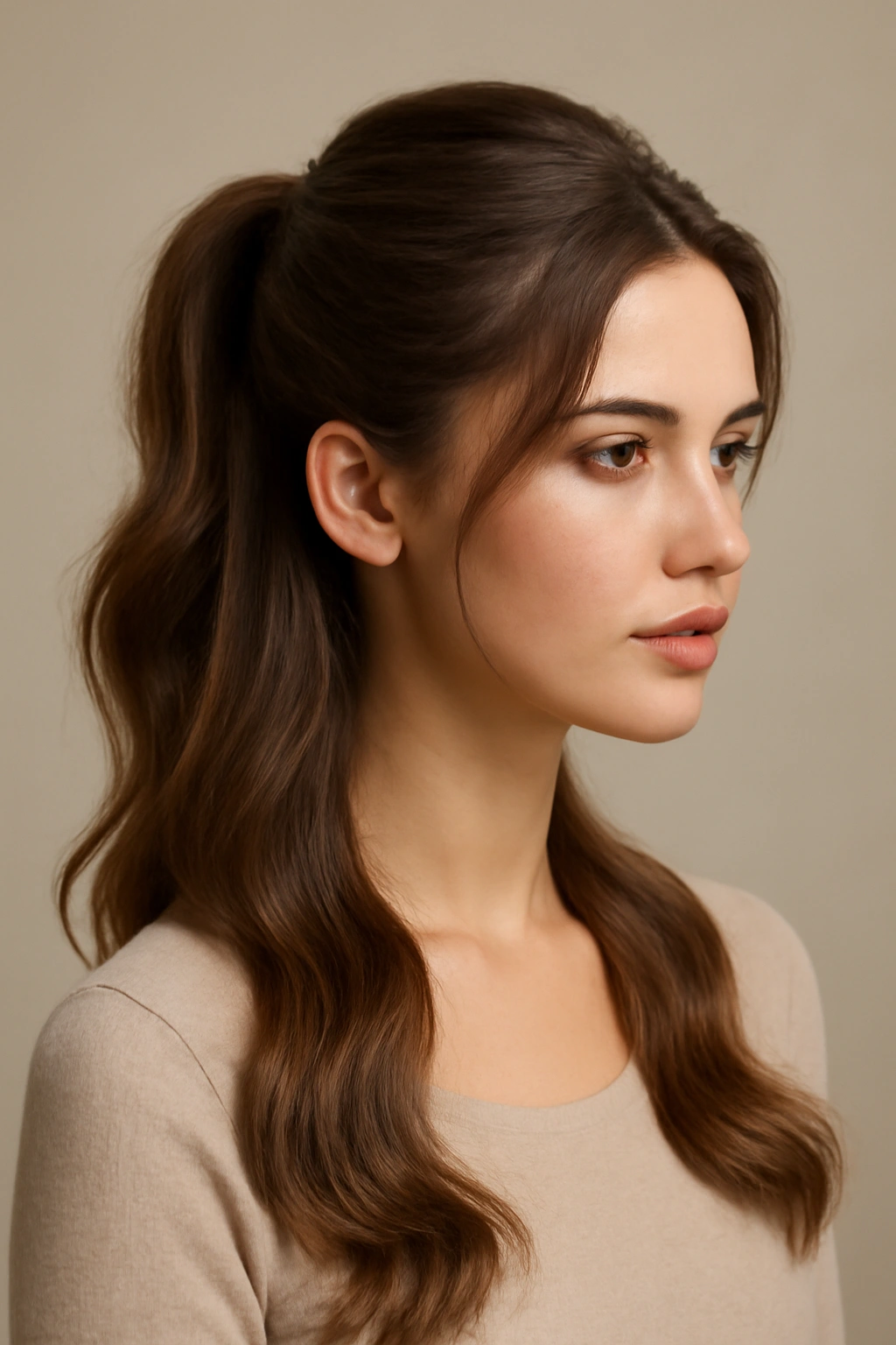 Half-up half-down ponytail with top secured and bottom flowing hair in a studio.