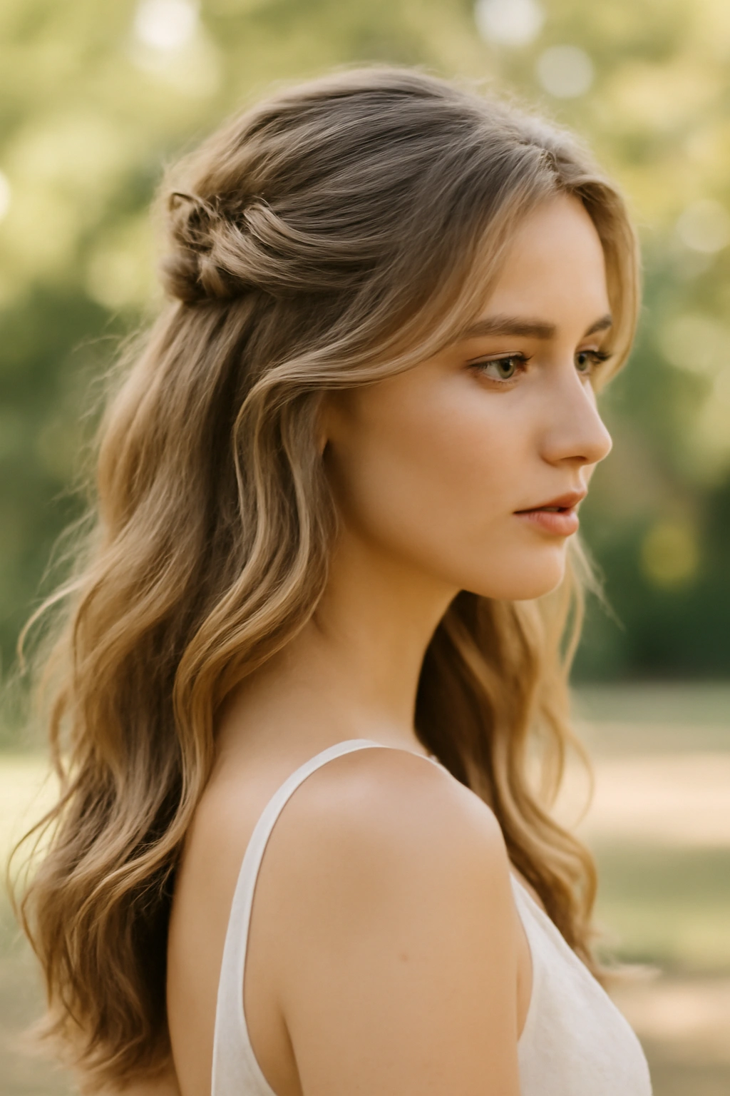 Half-up half-down hairstyle with top pulled back into a soft knot and flowing waves