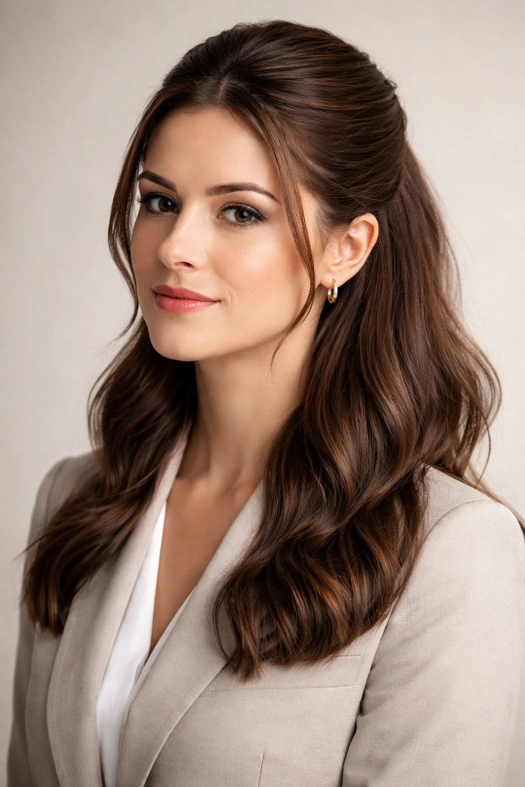 Front three-quarter view of half-up, half-down hairstyle with top section secured