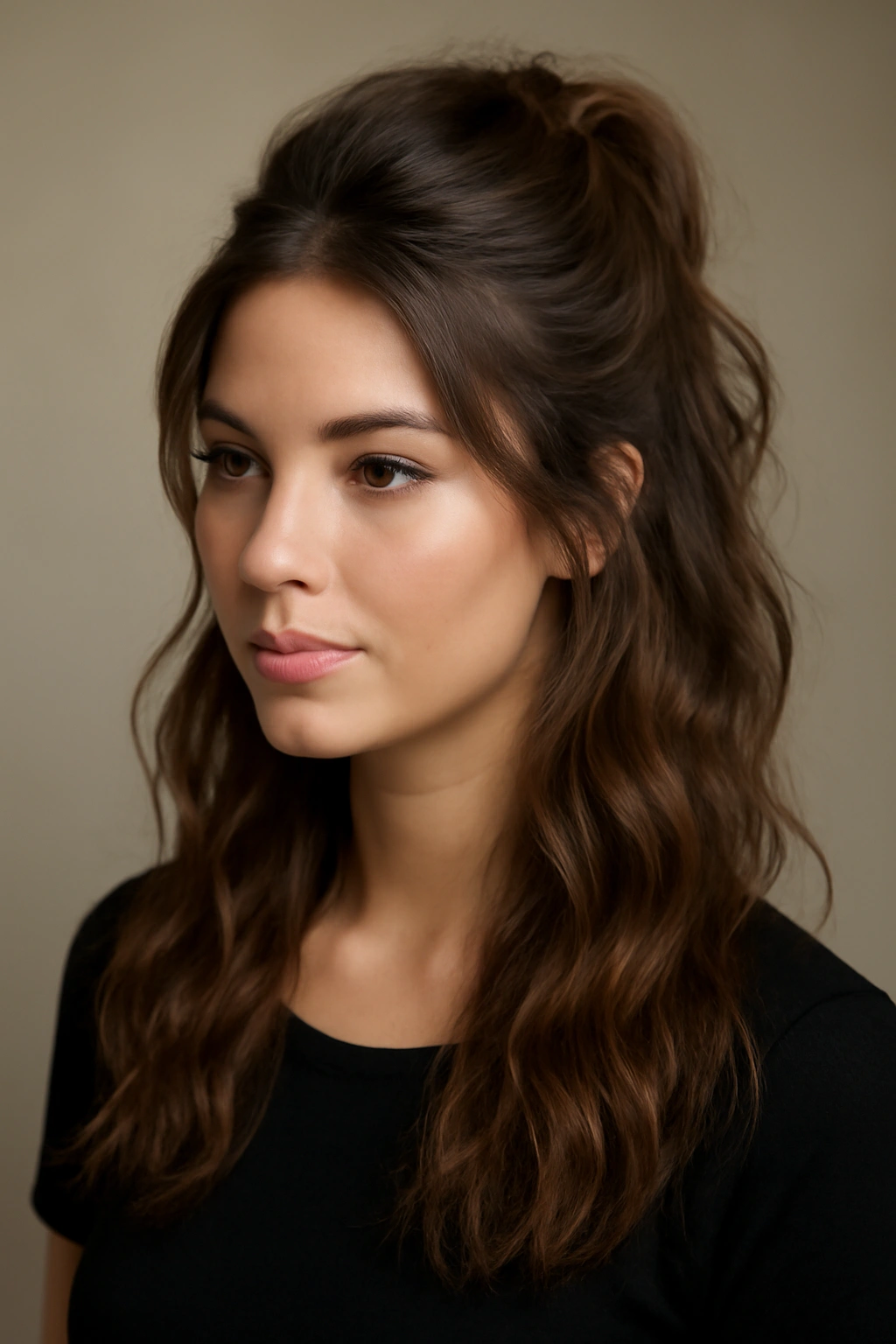 Half-up half-down hairstyle showing textured waves and a hidden wrap at the crown