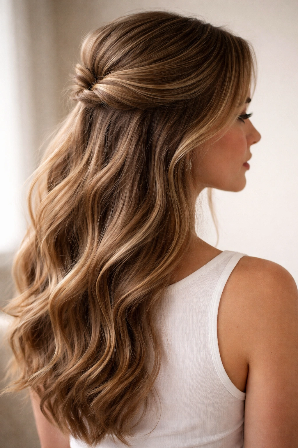Half-up half-down twist hairstyle with twisted top secured at crown