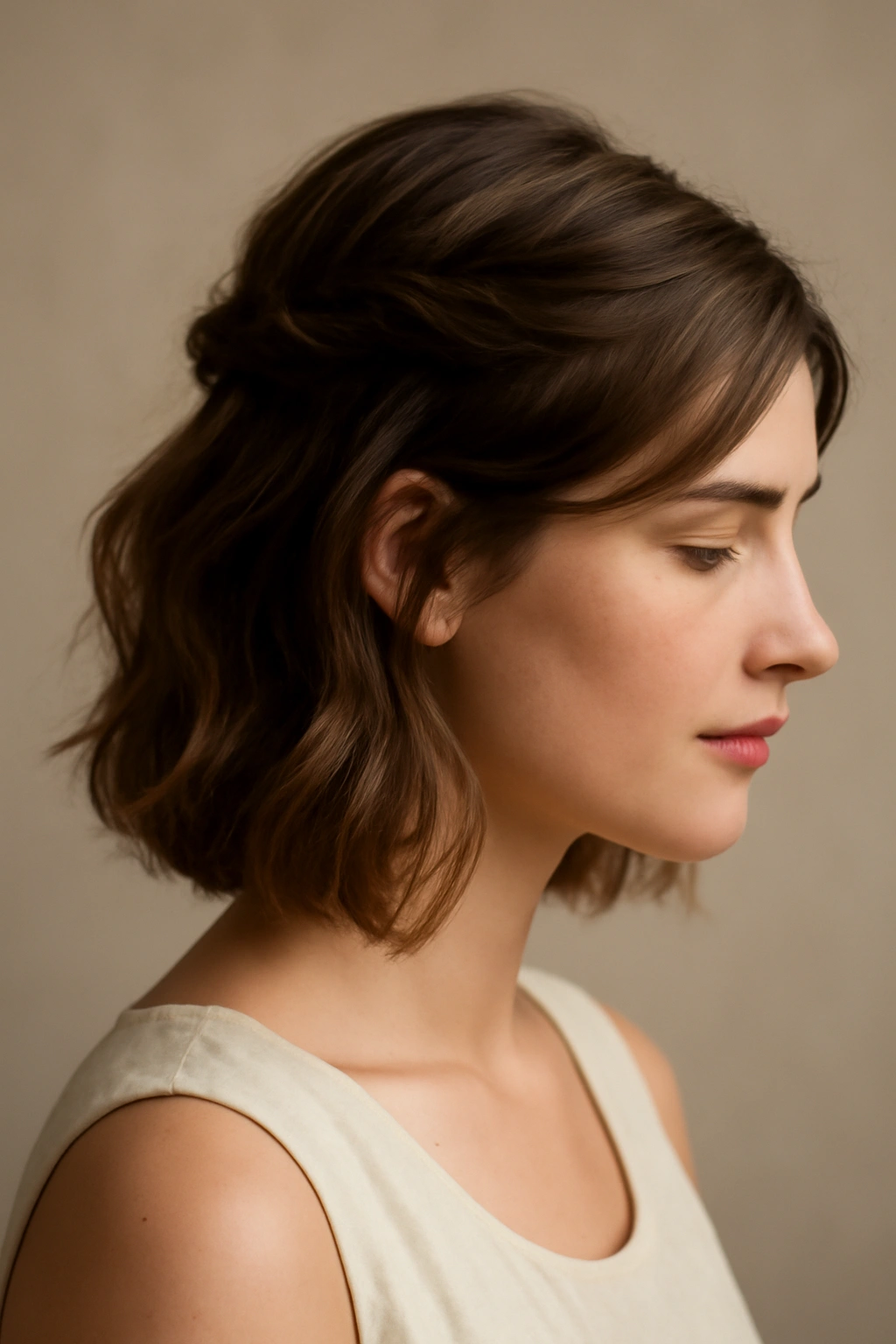 Half-up half-down hairstyle on short hair with a twisted top section.