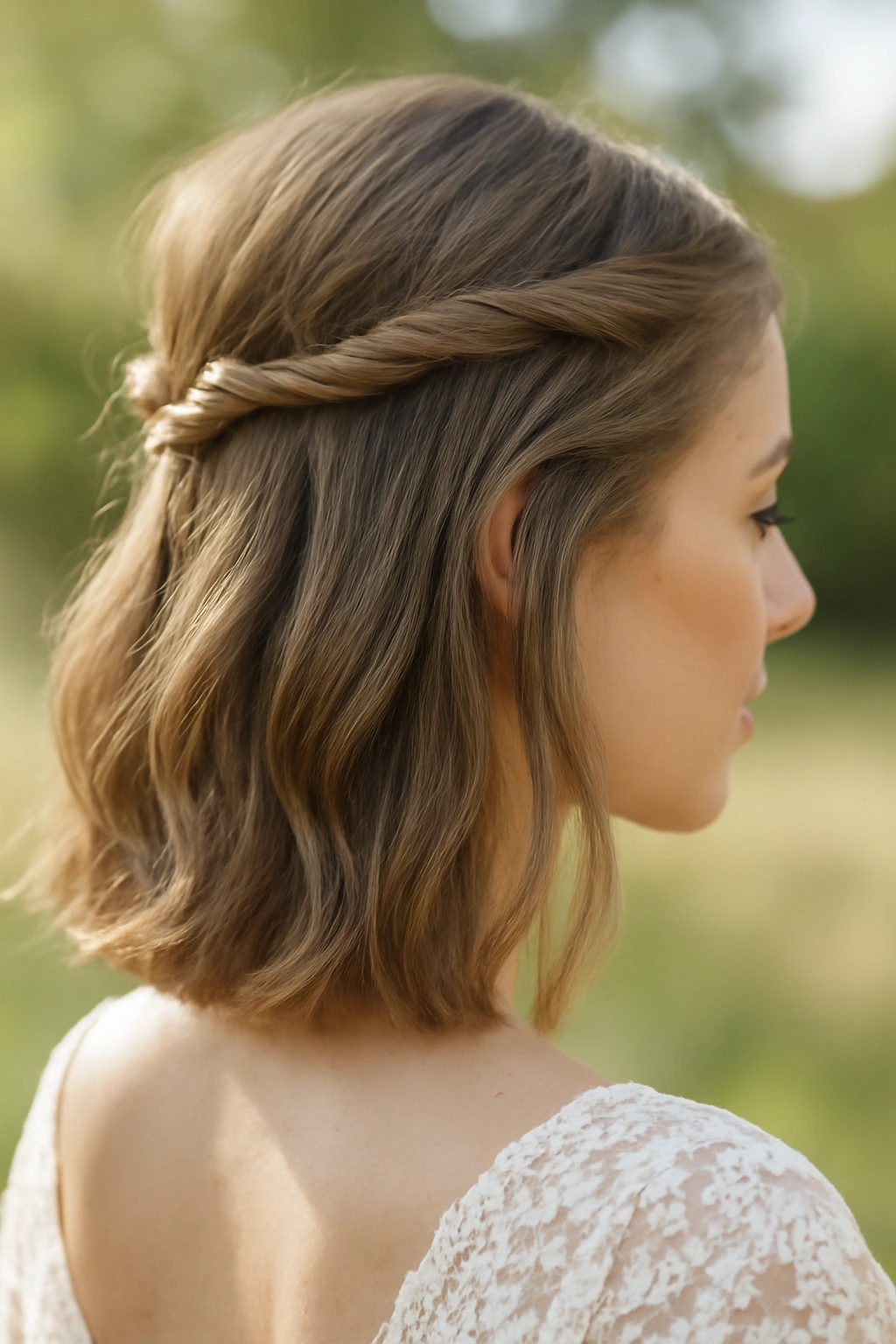 Half-up half-down bob with twisted sections