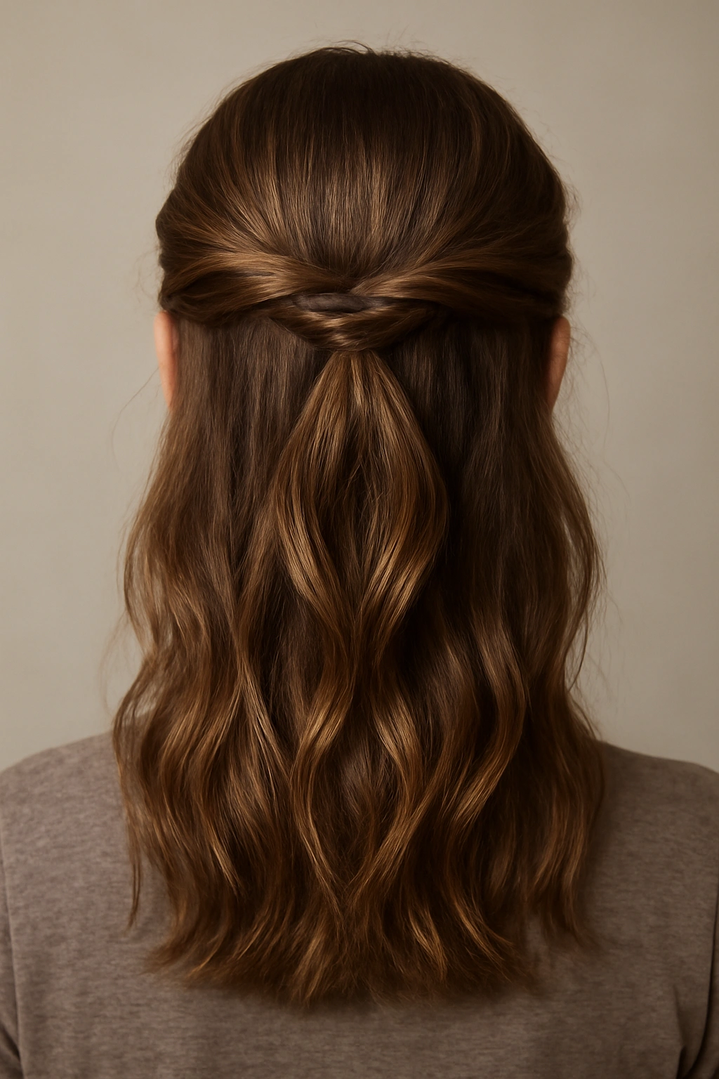Half-up hairstyle with twists at the crown and loose waves below.