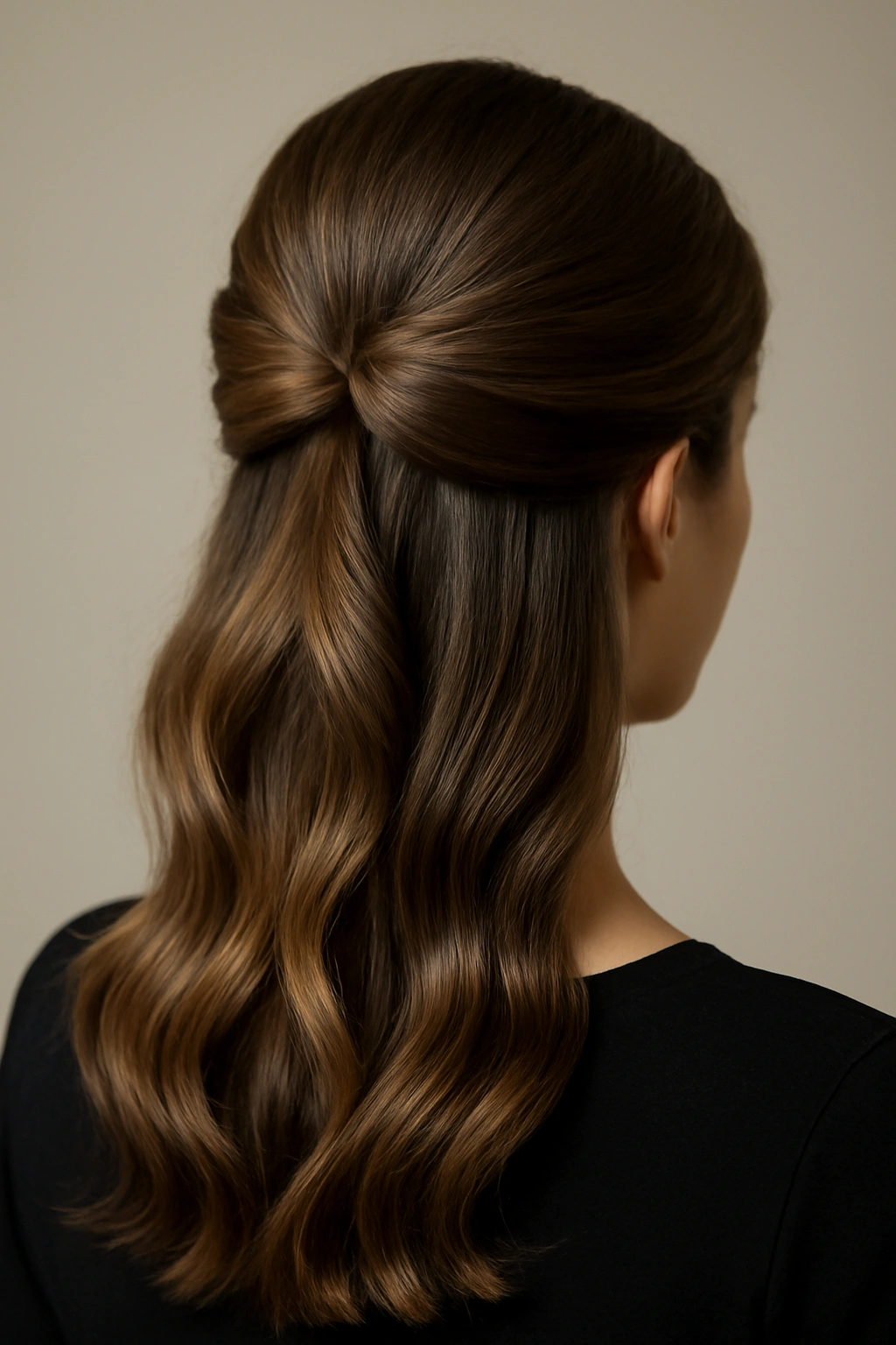 Medium shot of half-up half-down hairstyle with crisp upper section and flowing waves