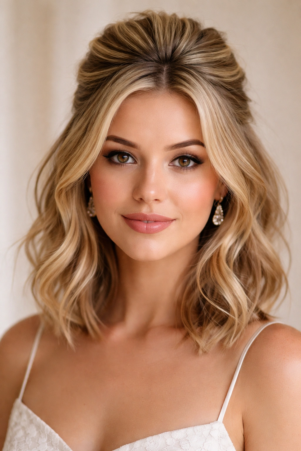 Half-up half-down hairstyle with visible crown volume and pinned section