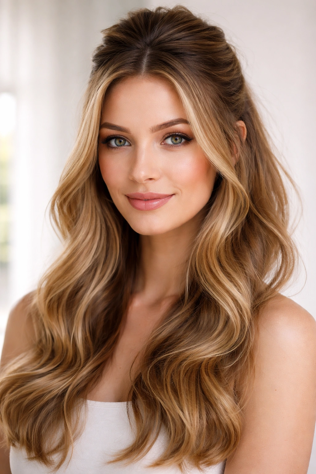 Half-up half-down waves portrait showing top pulled back and bottom waves