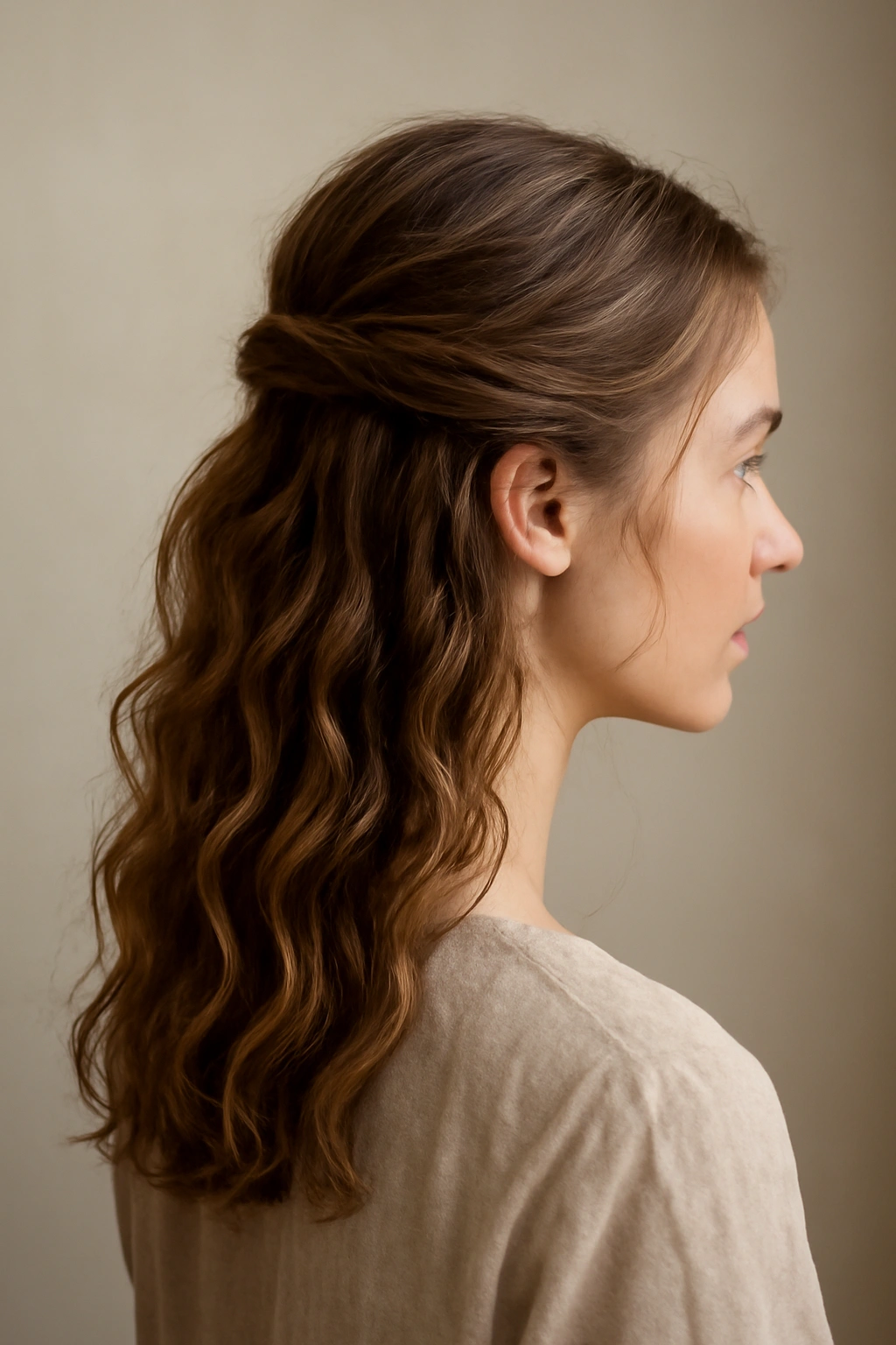 Half-up half-down hairstyle with waves cascading from the secured section