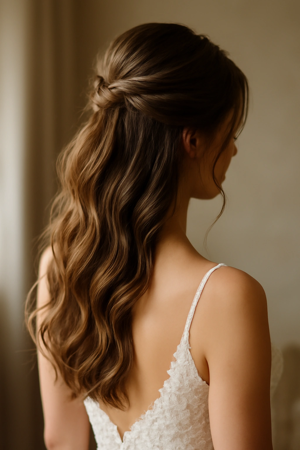 Half-up half-down wedding hairstyle with secure top section and flowing waves