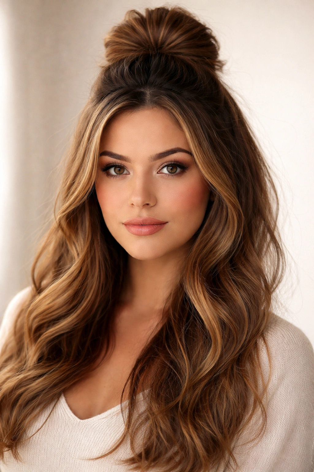 Half-up hairstyle with crown height and hair down, elongating the silhouette