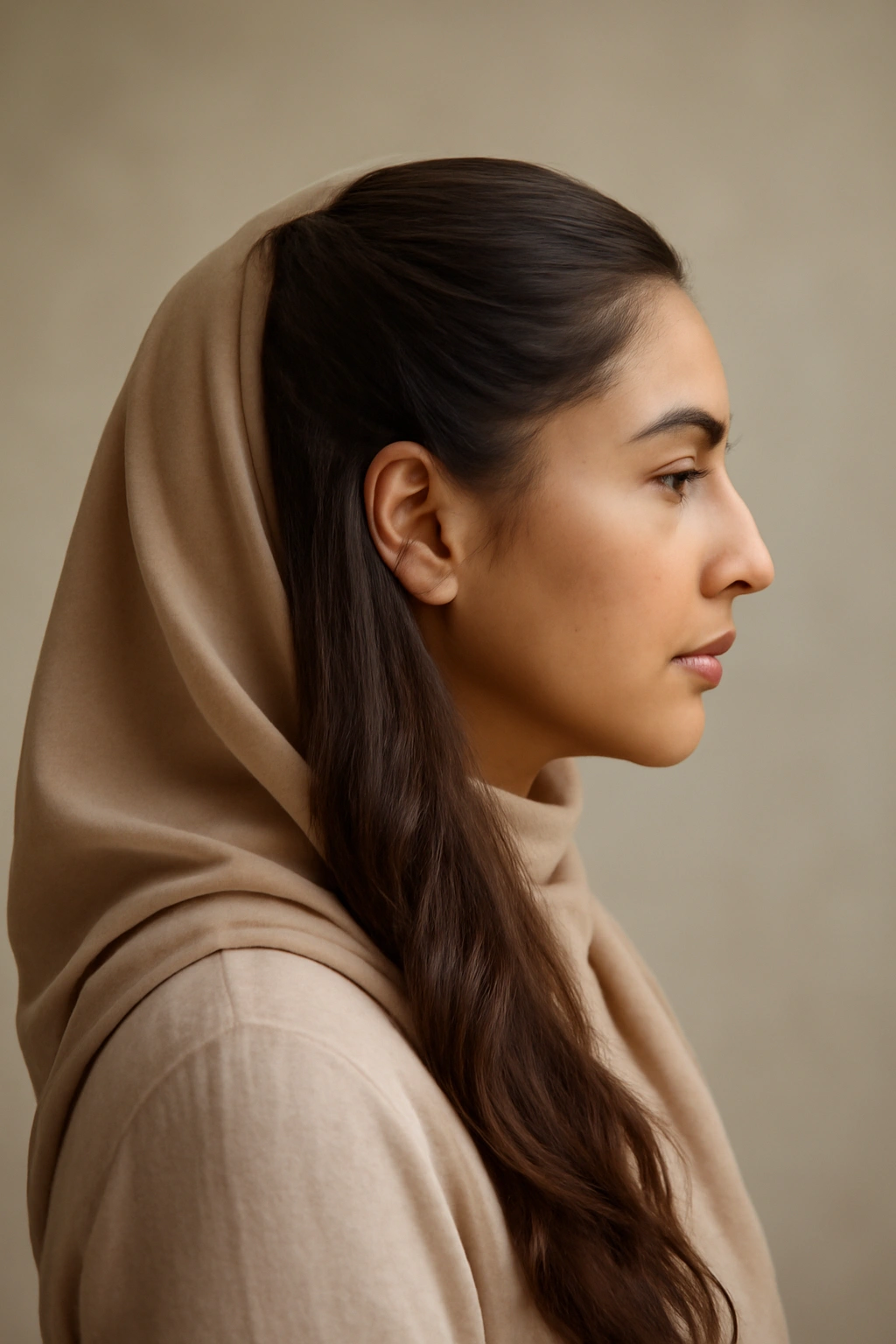 Three-quarter view of hijab wearer with half-up hairstyle secured at crown
