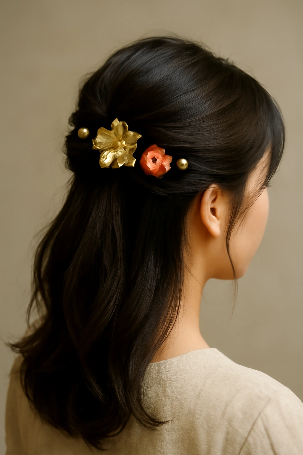 Half-up hairstyle with decorative hair accessories securing the top section.