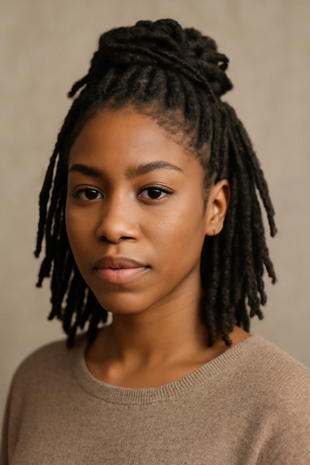 Half-up loc gather with front face framing loose locs