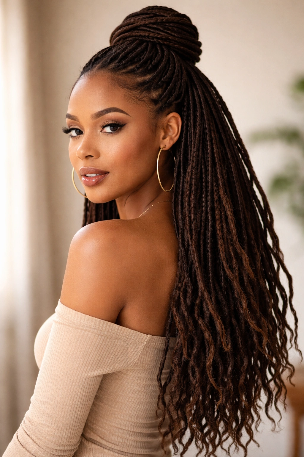 Half-Up Half-Down Loc Styles: half pulled back with rest of locs down.