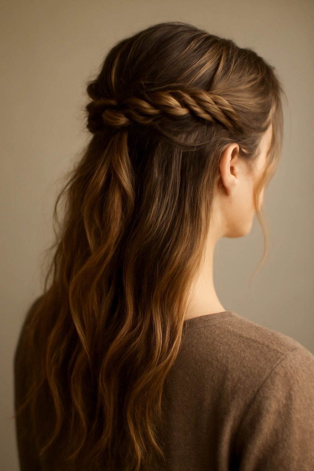 Half-up loose braid with top braid and flowing bottom hair.