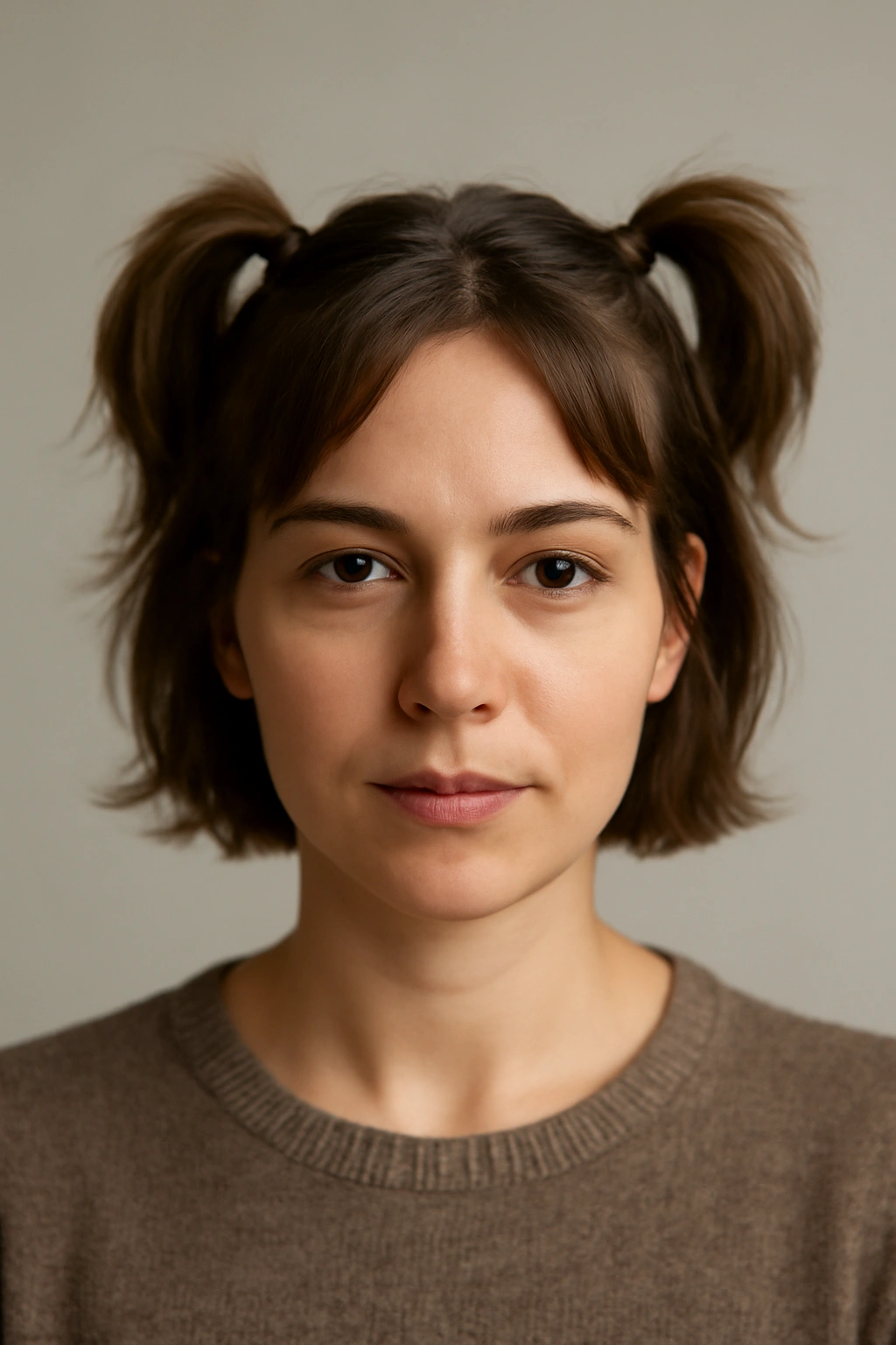 Frontal view of short hair with two small half-up pigtails