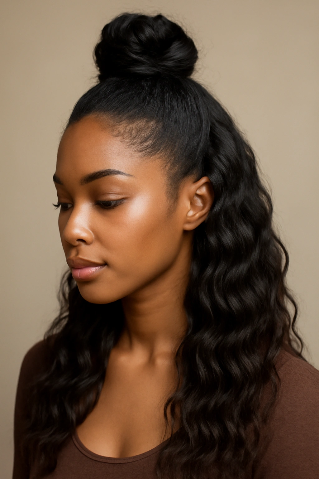 Half-up pineapple with free waves showing crown protection and flowing lower waves
