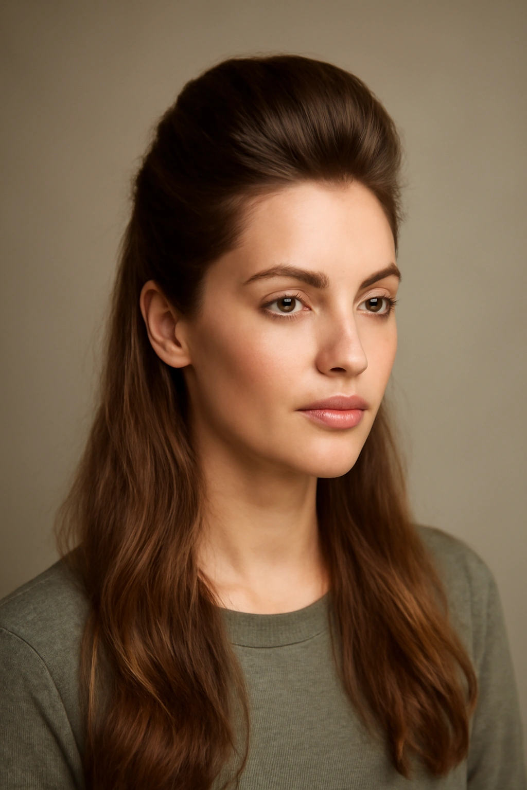 Close-up of half-up pompadour hairstyle with crown volume and loose flowing hair