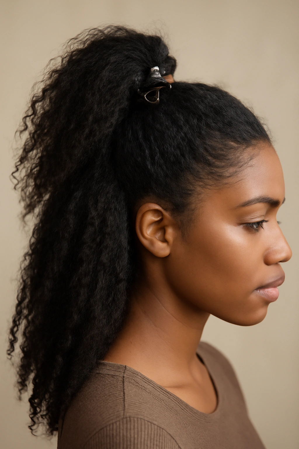 Half-up high pony with textured hair and clip at crown