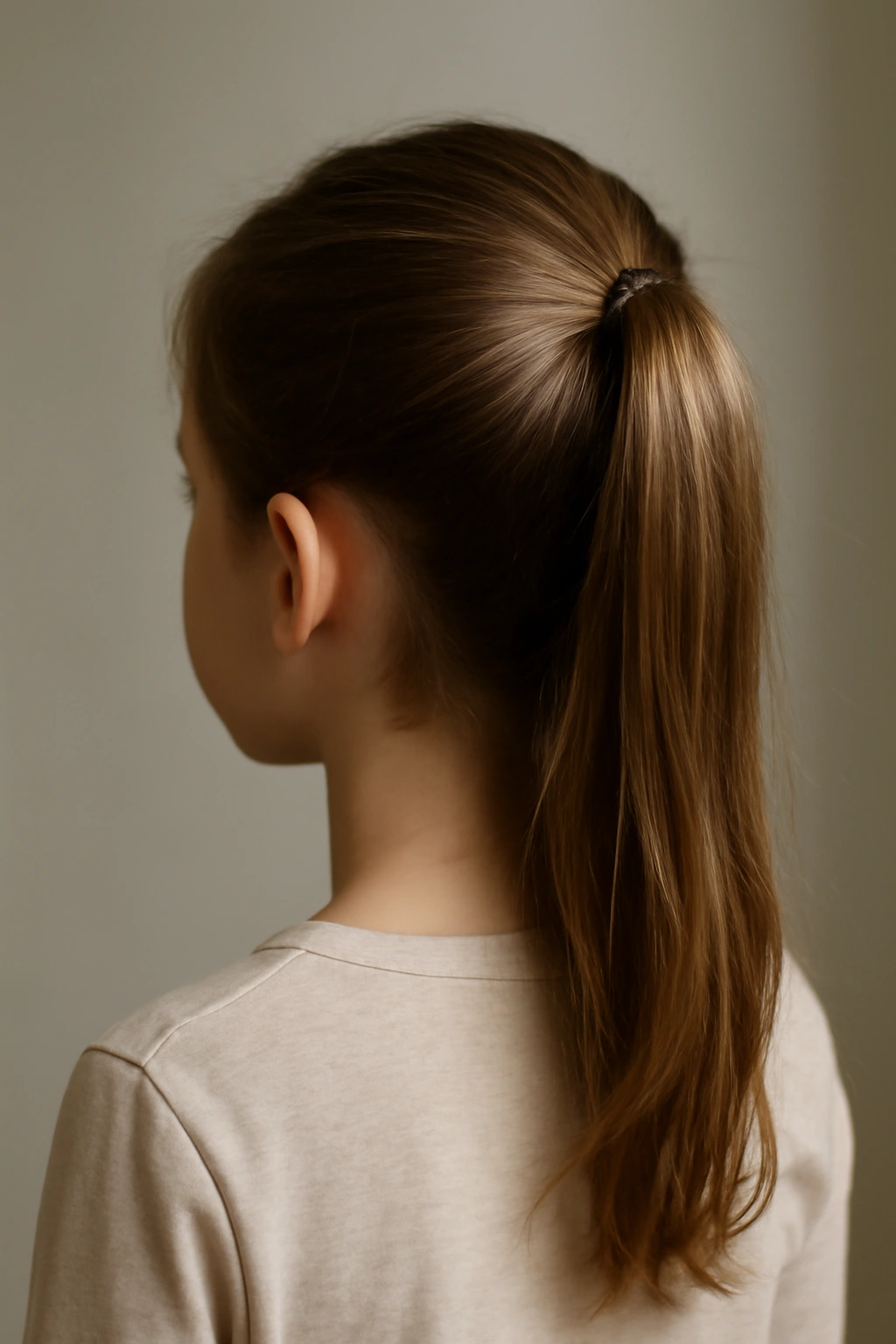 Back and side view of a child with a half-up ponytail, top section secured at the crown while bottom hair flows