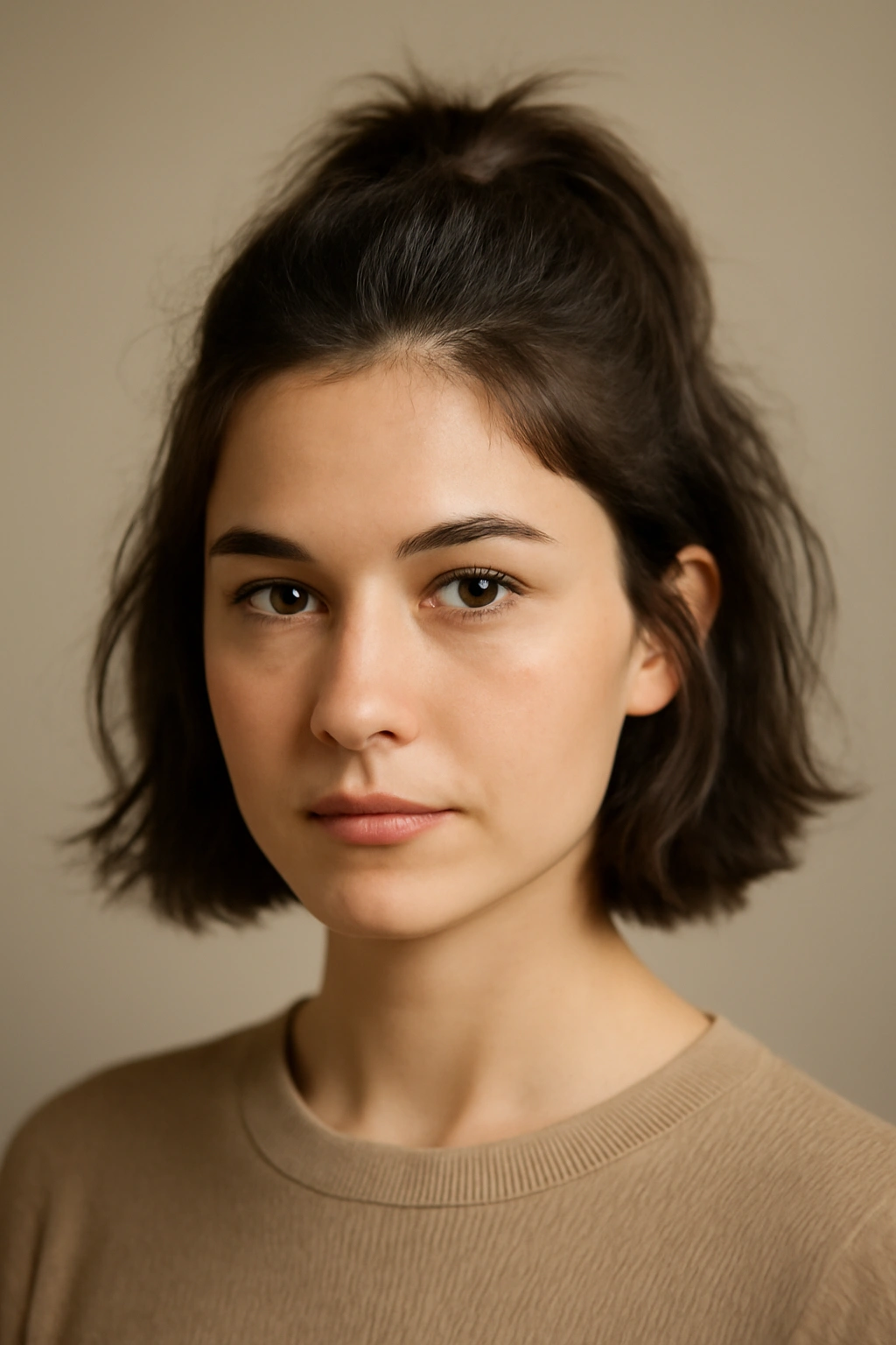 Close-up of short hair styled into a high half-up ponytail