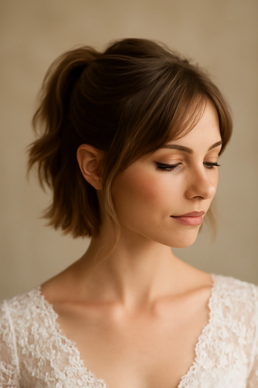 Half-up short ponytail with face-framing pieces for wedding hairstyle