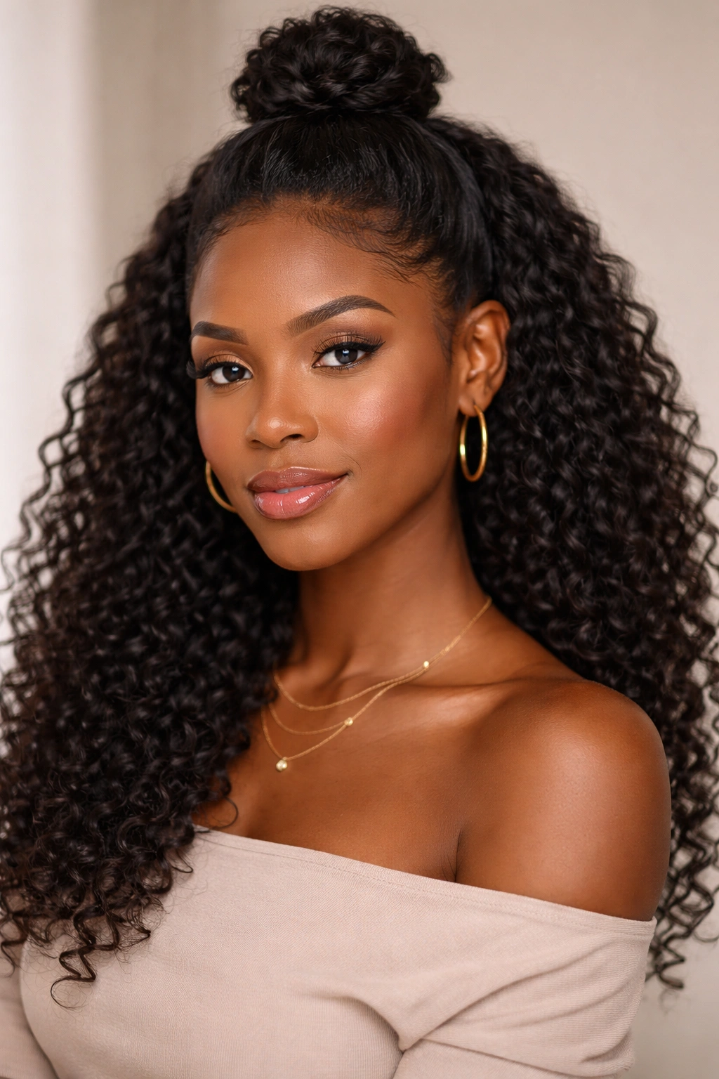 Close-up of a Black woman with a half-up protective hairstyle featuring a bun and loose curls