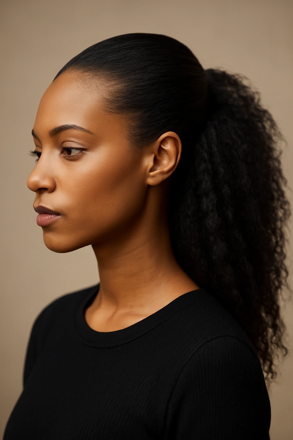 Head-and-shoulders portrait showing half-up pushback with front section secured at crown