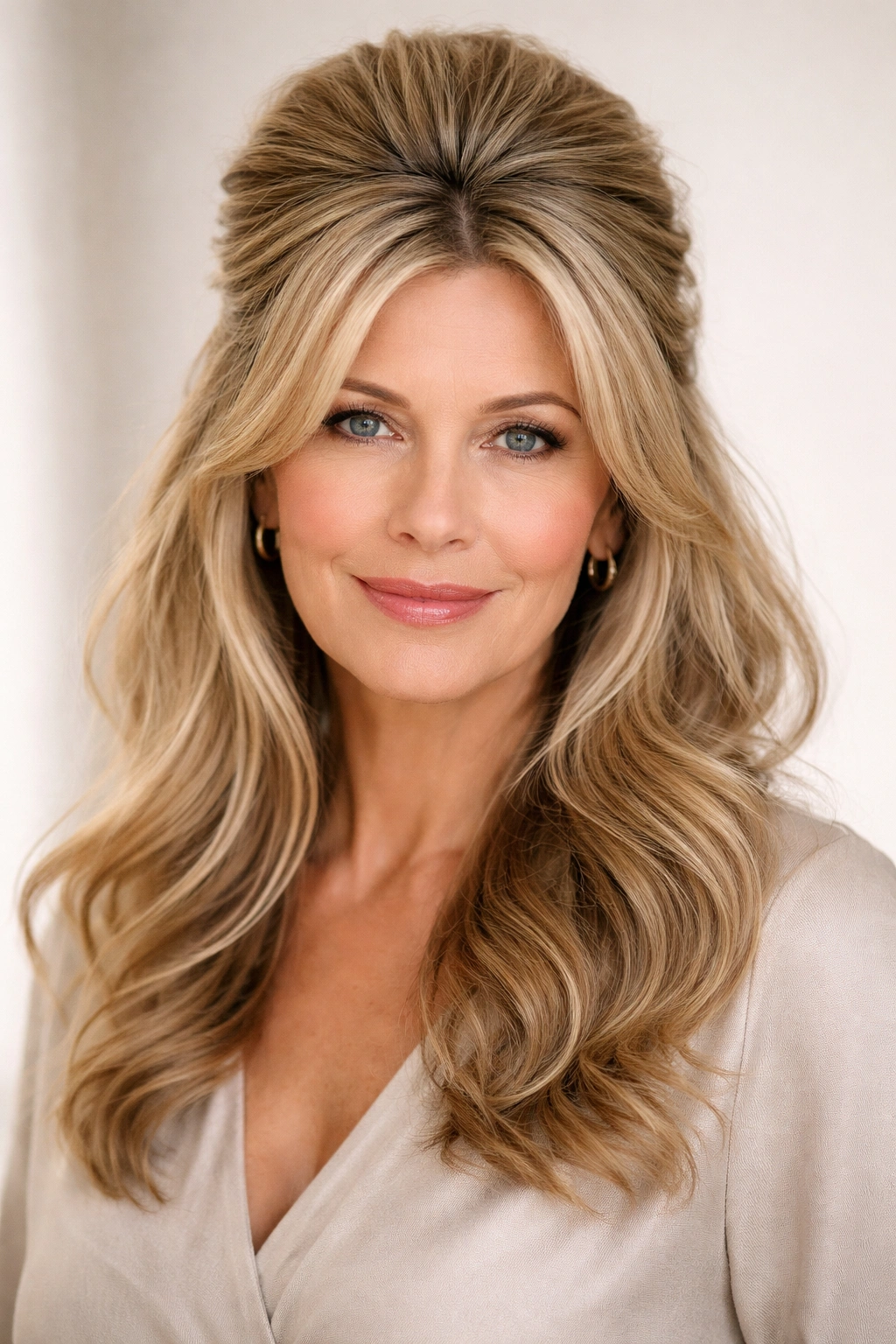 Half-up hairstyle with teased crown and flowing waves