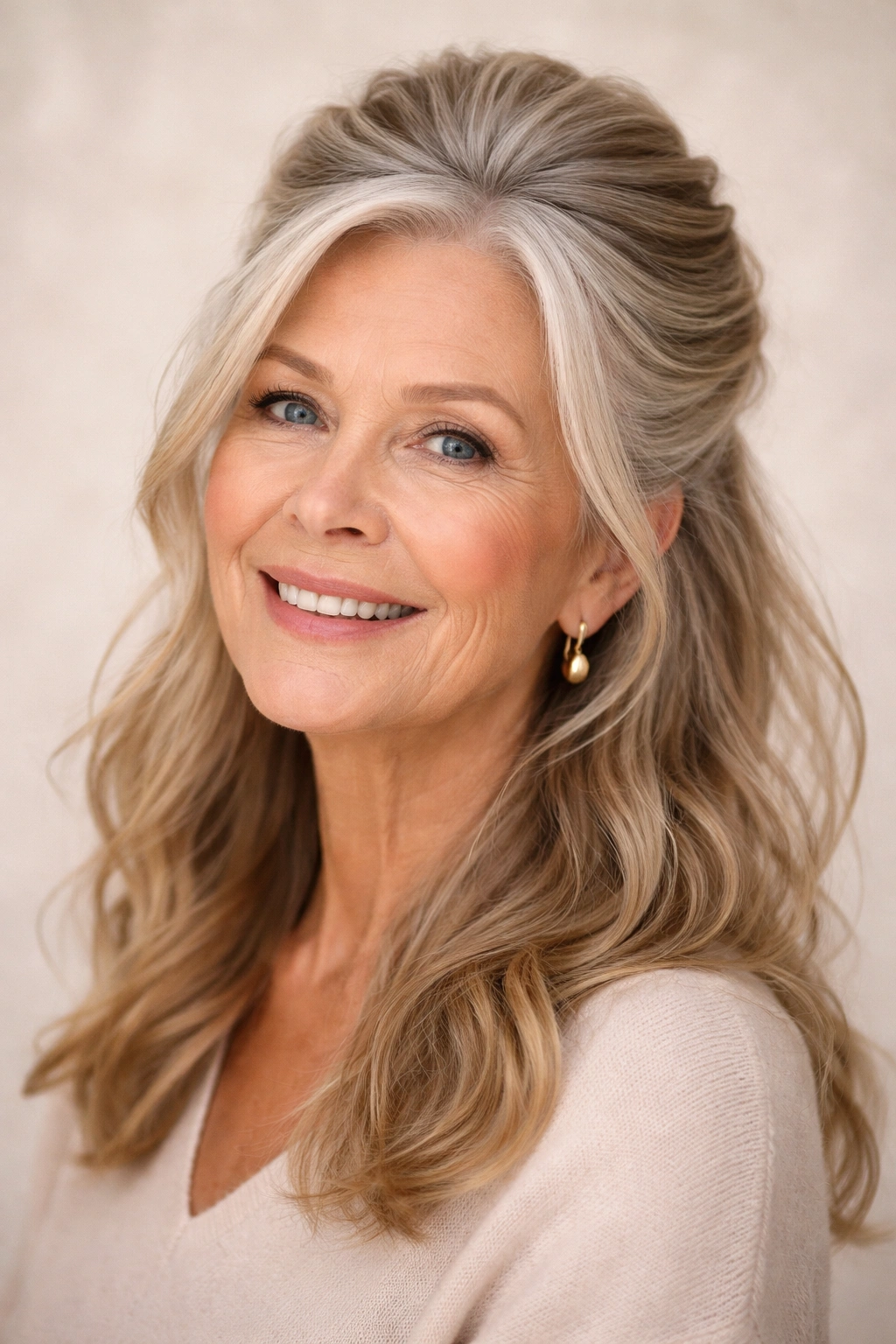 Mature woman with half-up hairstyle and textured waves