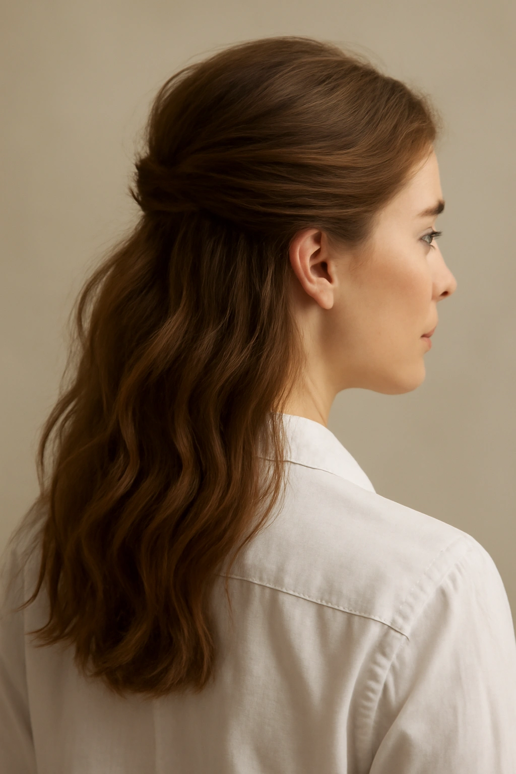 Half-up hairstyle with textured waves and secured crown